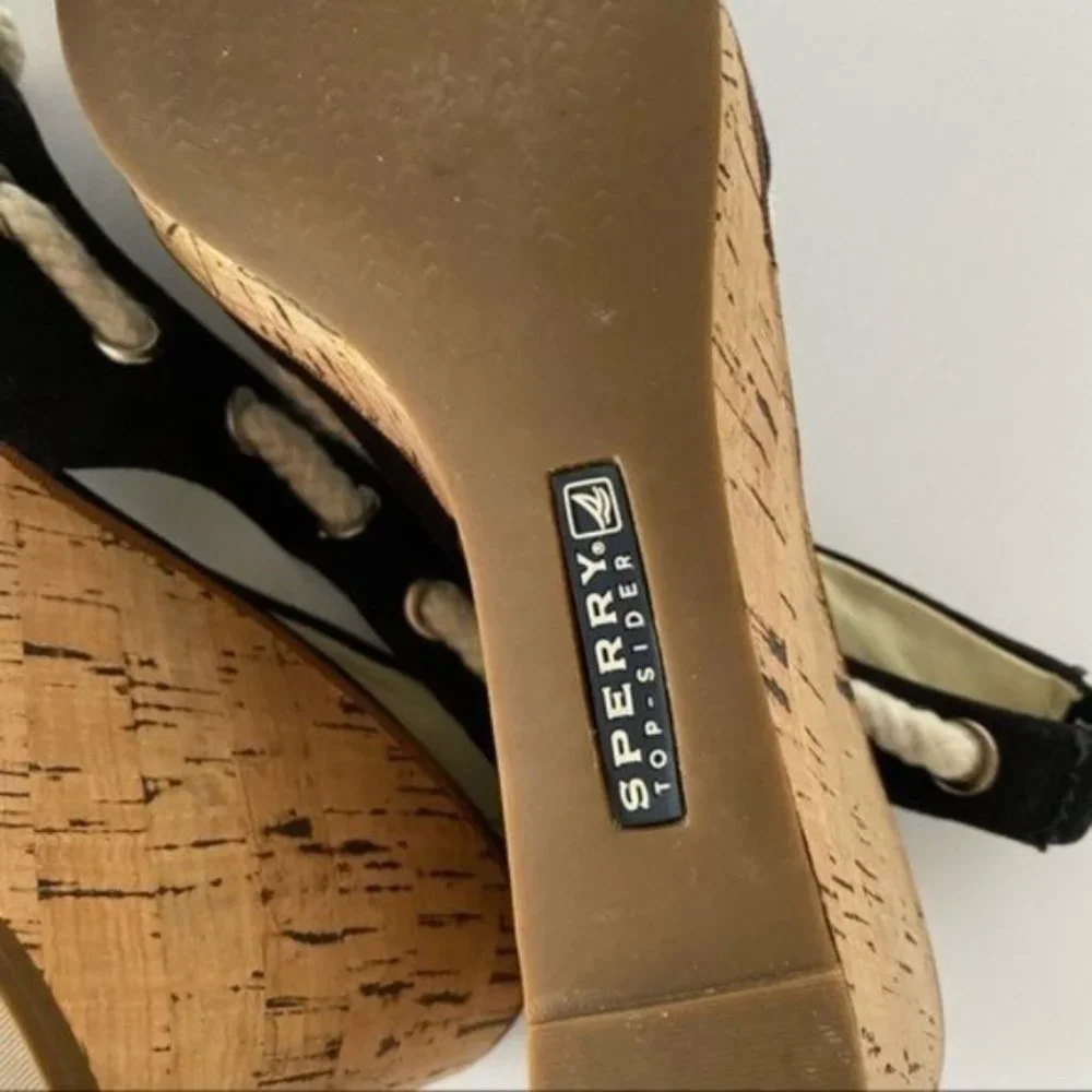 Sperry Southport Black Canvas Wedge Sandals Nautical Casual Comfort Size 7